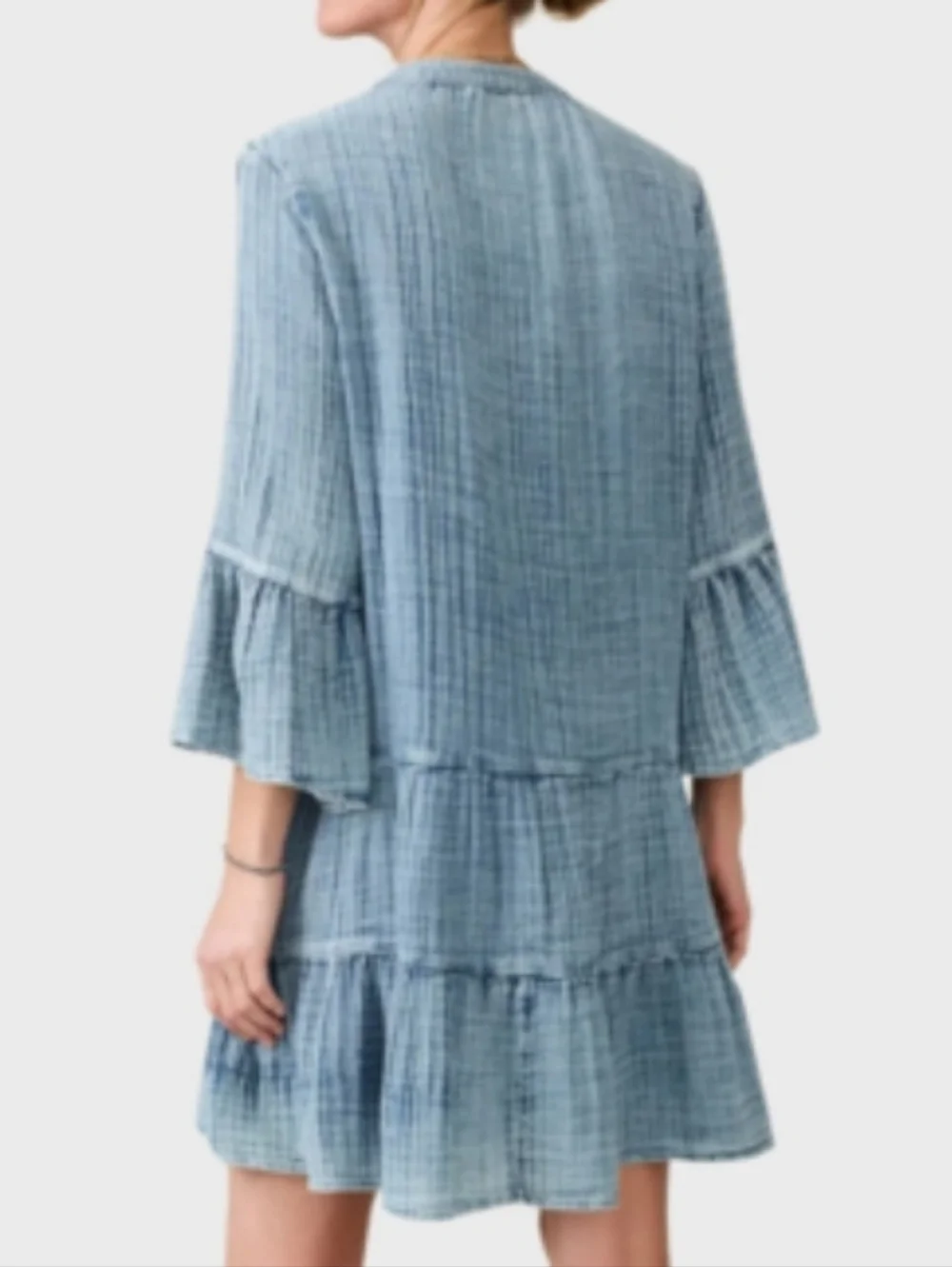 Faherty Kasey Cotton Light Blue Crinkled Tiered Button Front Tunic Dress M - Picture 2 of 8